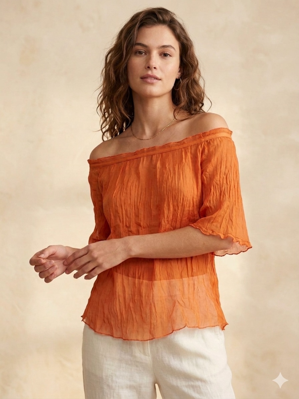Hawks Silk Off Shoulder Crinkled 90s blouse Blouse in Orange XS vintage